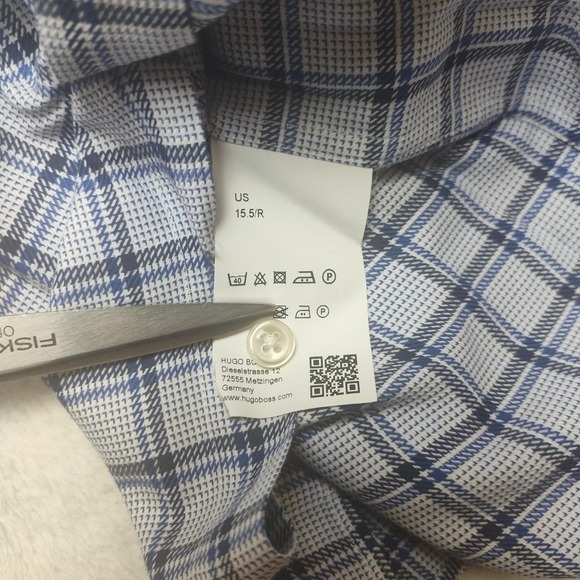 Hugo Boss Shirt Mens 15.5 Blue Check Slim Spread Collar Dress Long Sleeve Work - Picture 7 of 13